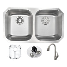 Load image into Gallery viewer, MOORE Undermount 32 in. Double Bowl Kitchen Sink with Accent Faucet in Brushed Nickel- Anzzi