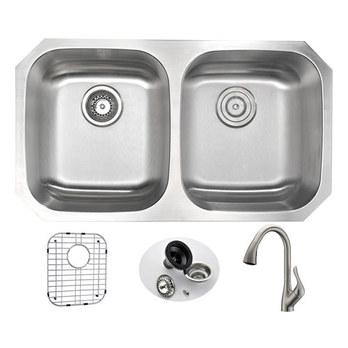 MOORE Undermount 32 in. Double Bowl Kitchen Sink with Accent Faucet in Brushed Nickel- Anzzi