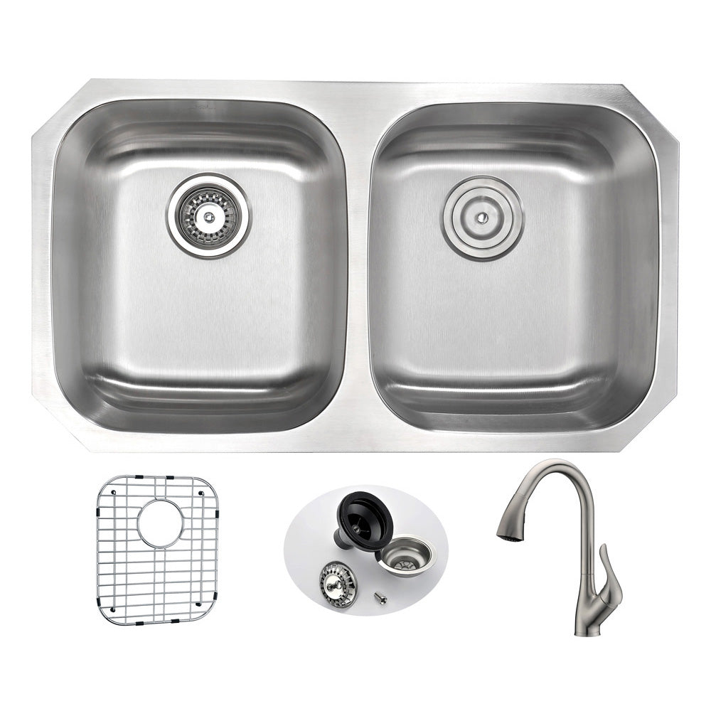 MOORE Undermount 32 in. Double Bowl Kitchen Sink with Accent Faucet in Brushed Nickel- Anzzi