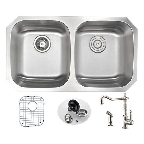 MOORE Undermount 32 in. Double Bowl Kitchen Sink with Locke Faucet in Brushed Nickel- Anzzi