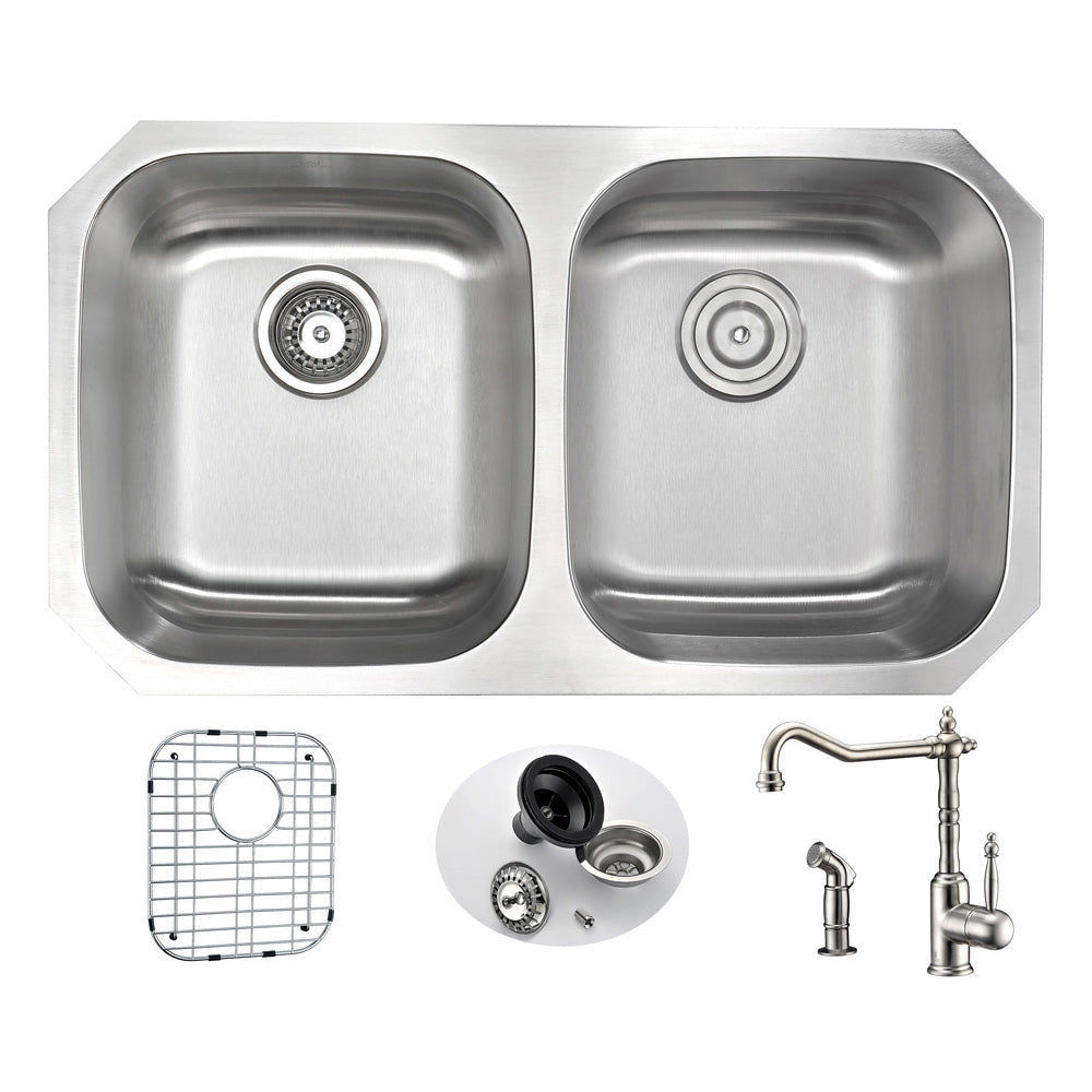 MOORE Undermount 32 in. Double Bowl Kitchen Sink with Locke Faucet in Brushed Nickel- Anzzi