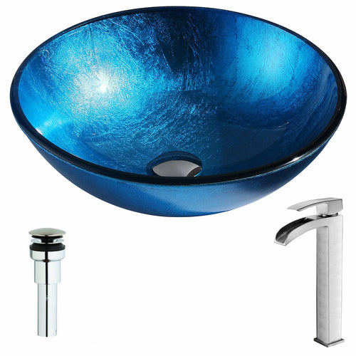 Arc Series Deco-Glass Vessel Sink in Lustrous Light Blue with Key Faucet in Brushed Nickel- Anzzi