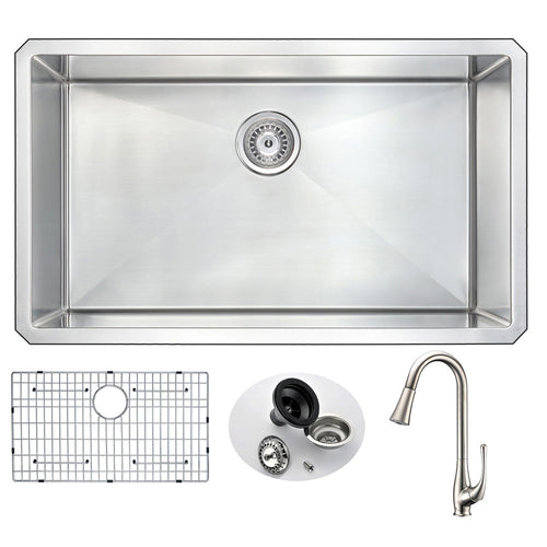 VANGUARD Undermount 32 in. Single Bowl Kitchen Sink with Singer Faucet in Brushed Nickel- Anzzi