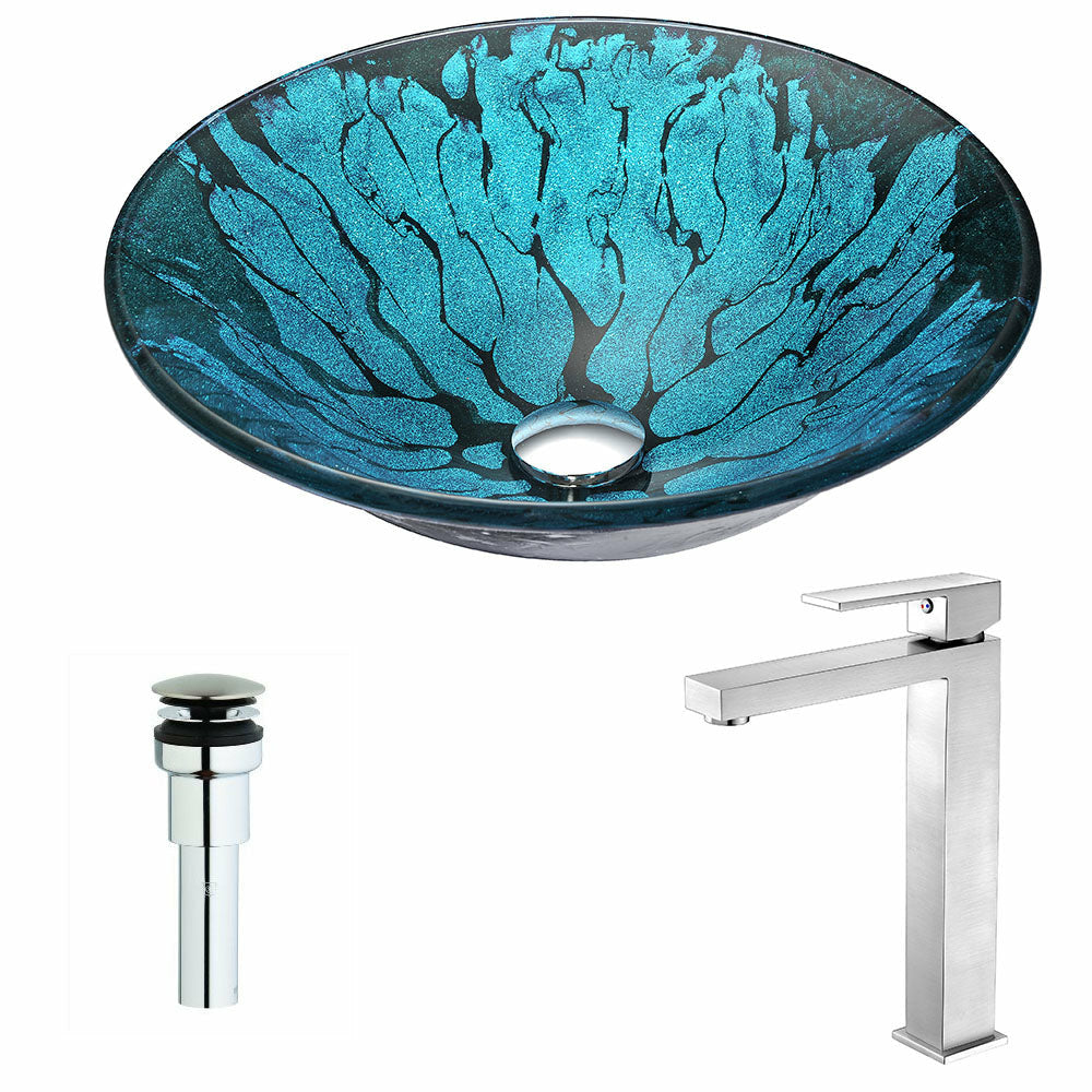 Key Series Deco-Glass Vessel Sink in Lustrous Blue and Black with Enti Faucet in Brushed Nickel- Anzzi