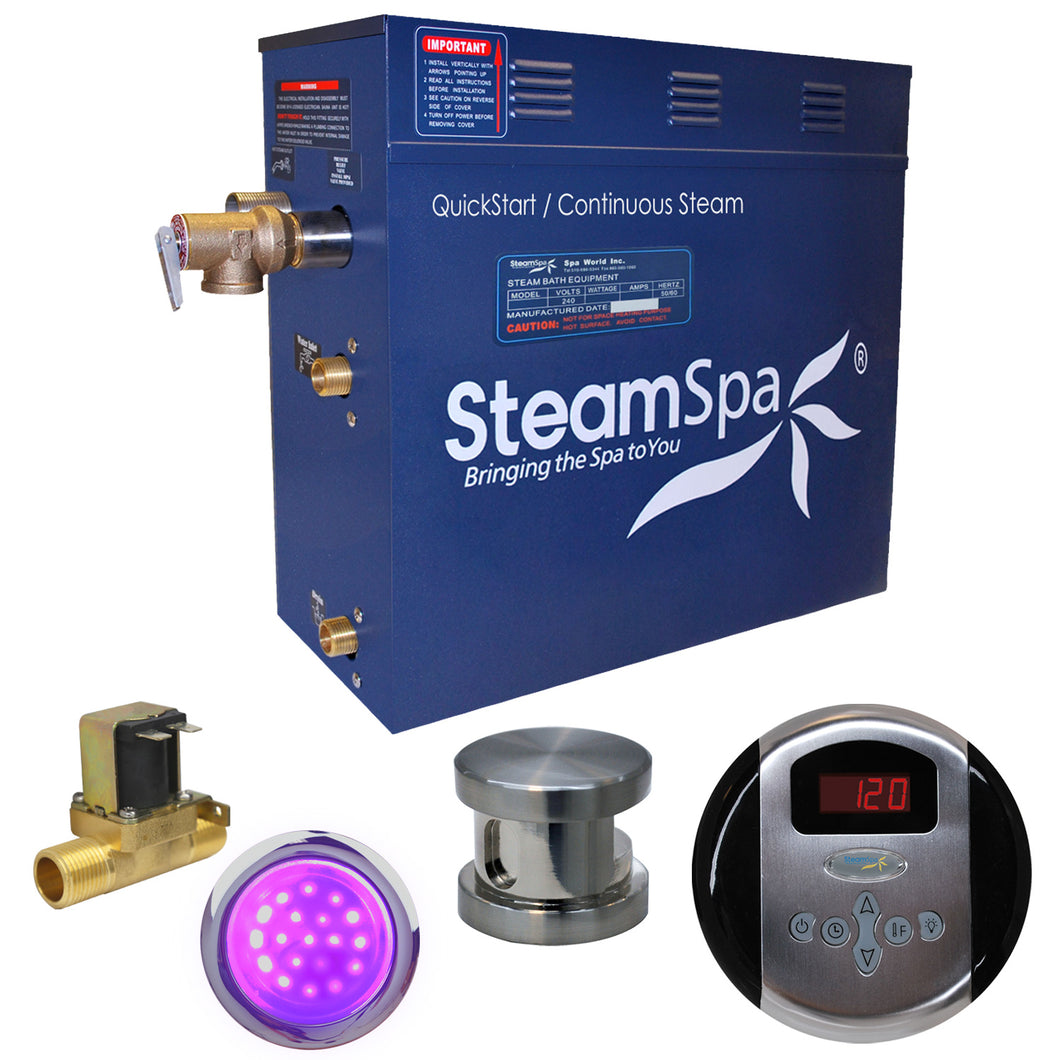 SteamSpa Indulgence 4.5 KW QuickStart Acu-Steam Bath Generator Package with Built-in Auto Drain in Brushed Nickel- SteamSpa