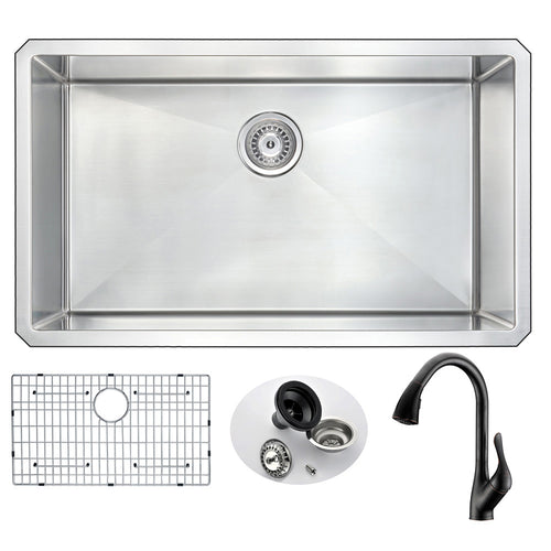 VANGUARD Undermount 32 in. Single Bowl Kitchen Sink with Accent Faucet in Oil Bronze- Anzzi