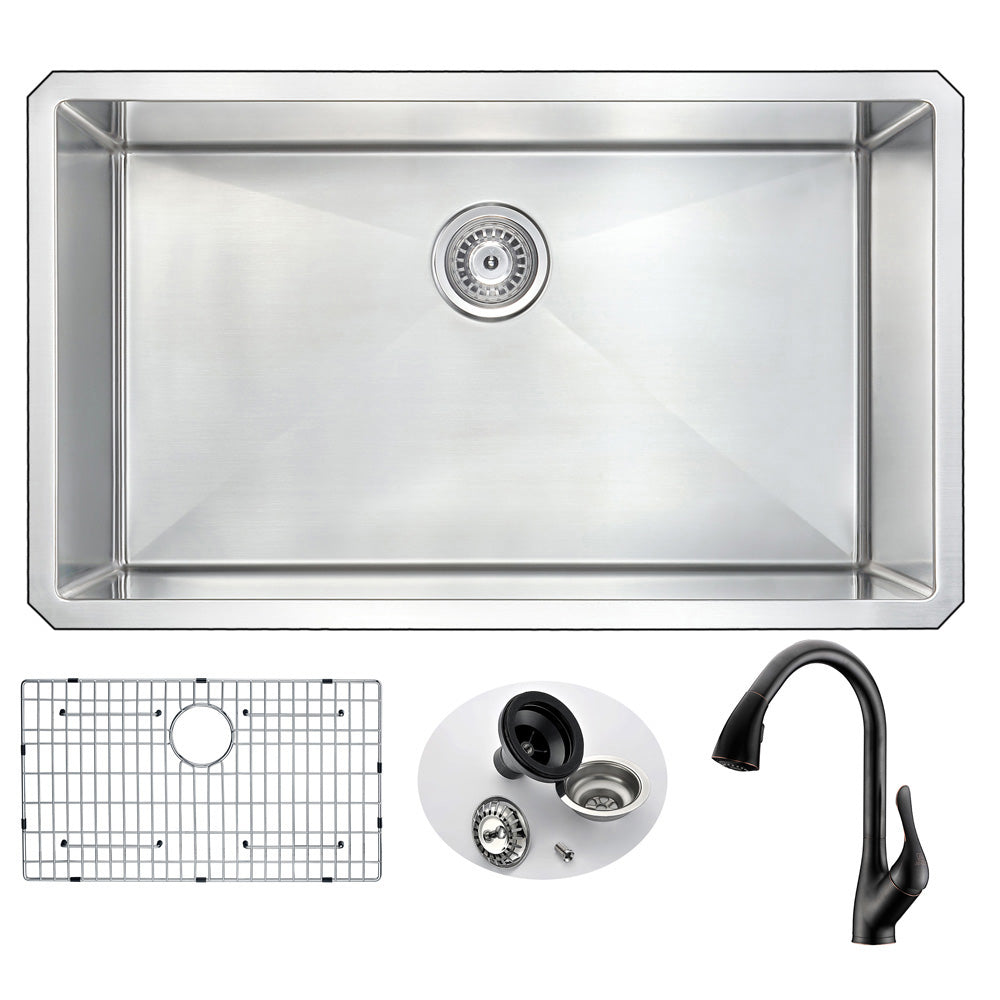 VANGUARD Undermount 32 in. Single Bowl Kitchen Sink with Accent Faucet in Oil Bronze- Anzzi