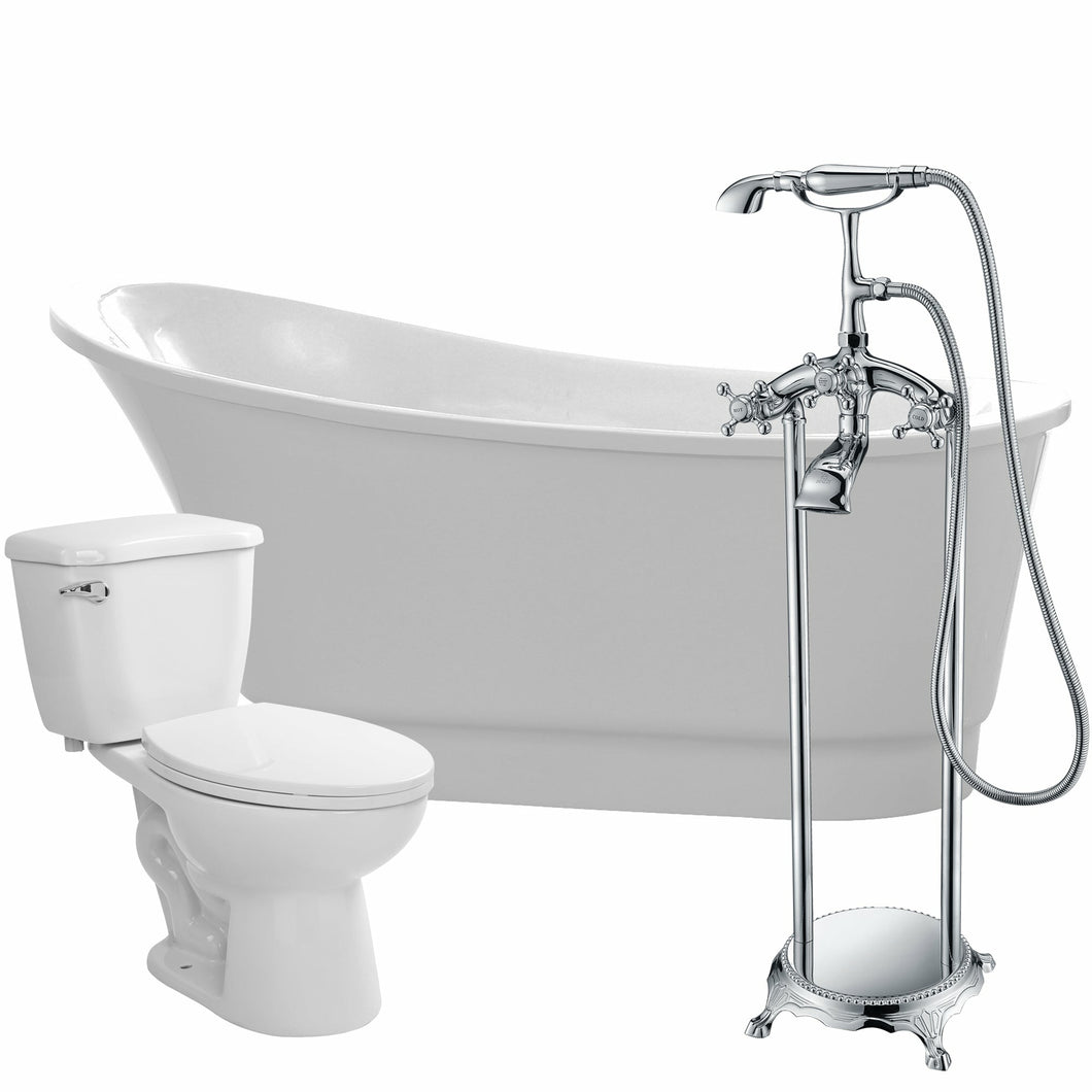 Prima 67 in. Acrylic Flatbottom Non-Whirlpool Bathtub with Tugela Faucet and Kame 1.28 GPF Toilet- Anzzi