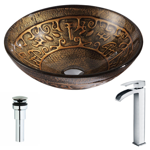 Alto Series Deco-Glass Vessel Sink in Lustrous Brown with Key Faucet in Polished Chrome- Anzzi