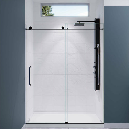 Leon Series 60 in. by 76 in. Frameless Sliding Shower Door in Matte Black with Handle- Anzzi