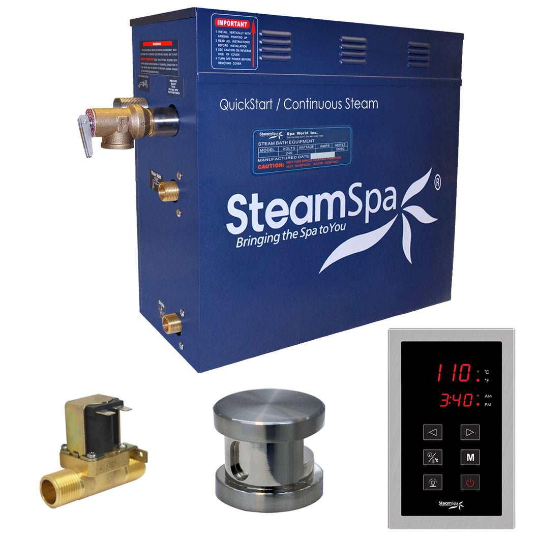 SteamSpa Oasis 9 KW QuickStart Acu-Steam Bath Generator Package with Built-in Auto Drain in Brushed Nickel- SteamSpa