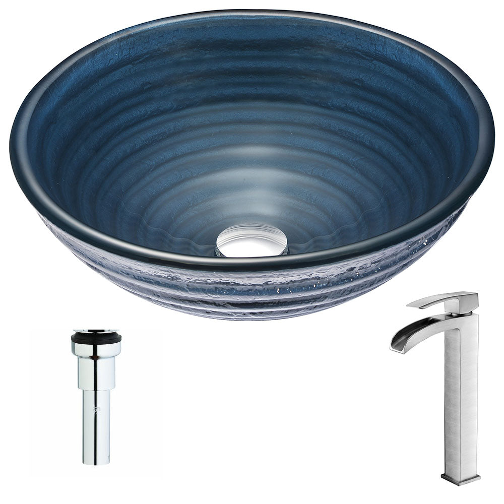 Tempo Series Deco-Glass Vessel Sink in Coiled Blue with Key Faucet in Brushed Nickel- Anzzi