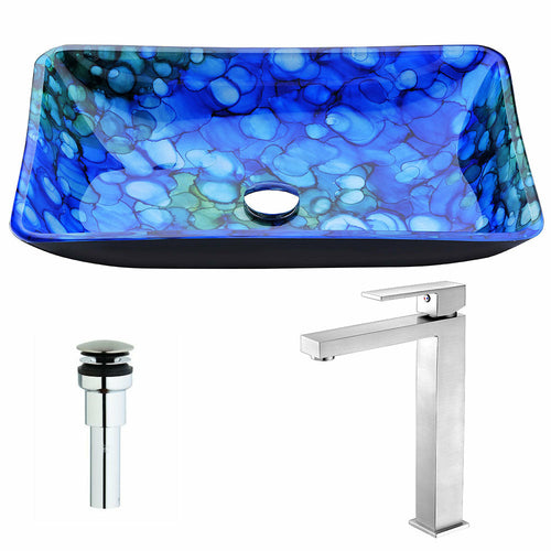Voce Series Deco-Glass Vessel Sink in Lustrous Blue with Enti Faucet in Brushed Nickel- Anzzi