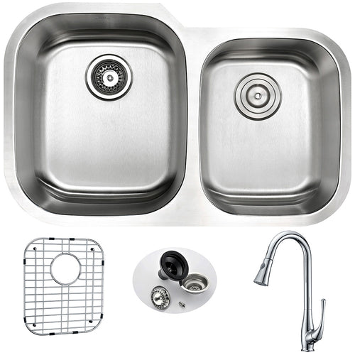 MOORE Undermount 32 in. Double Bowl Kitchen Sink with Singer Faucet in Polished Chrome- Anzzi