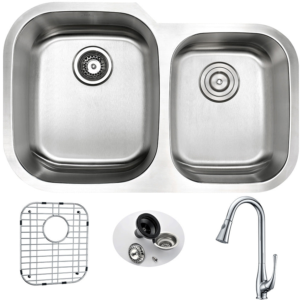 MOORE Undermount 32 in. Double Bowl Kitchen Sink with Singer Faucet in Polished Chrome- Anzzi
