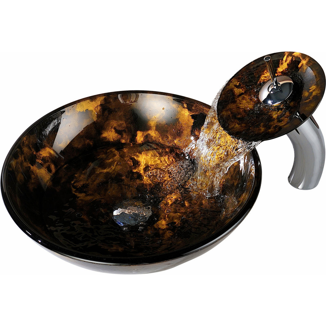 Toa Series Deco-Glass Vessel Sink in Kindled Amber with Matching Chrome Waterfall Faucet- Anzzi