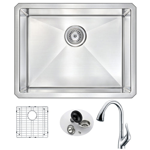 VANGUARD Undermount 23 in. Single Bowl Kitchen Sink with Accent Faucet in Polished Chrome- Anzzi