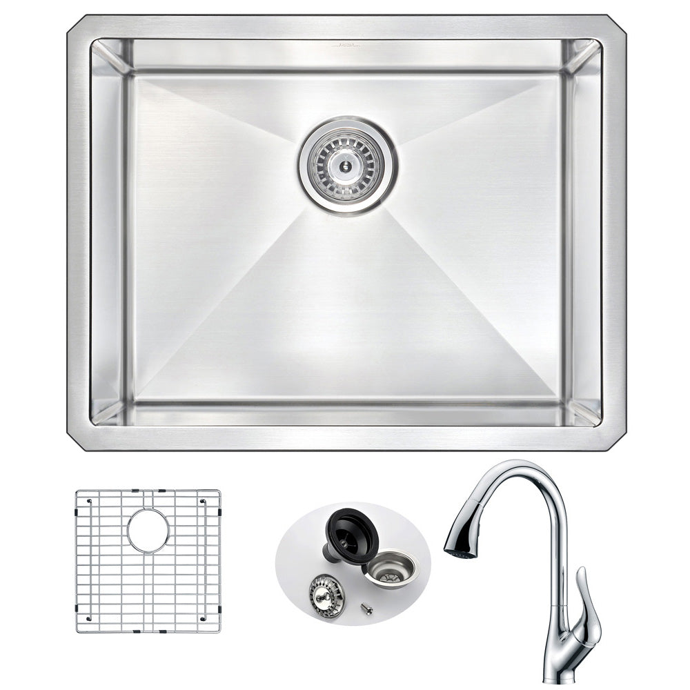 VANGUARD Undermount 23 in. Single Bowl Kitchen Sink with Accent Faucet in Polished Chrome- Anzzi