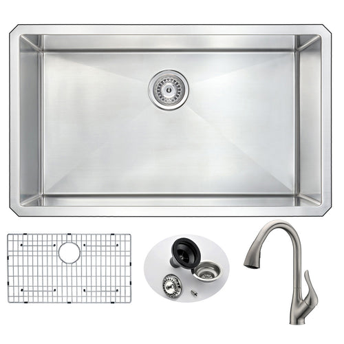VANGUARD Undermount 32 in. Single Bowl Kitchen Sink with Accent Faucet in Brushed Nickel- Anzzi