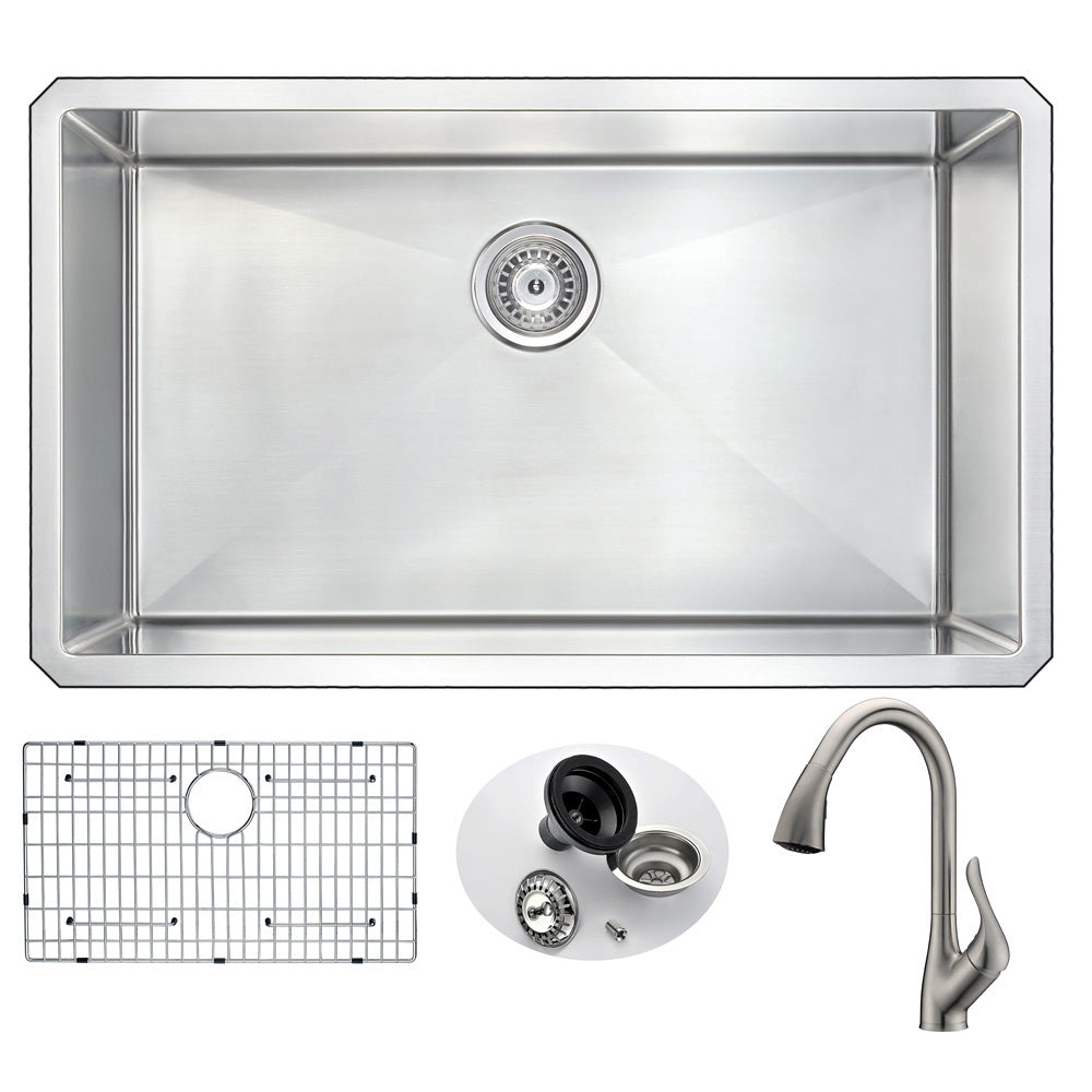 VANGUARD Undermount 32 in. Single Bowl Kitchen Sink with Accent Faucet in Brushed Nickel- Anzzi