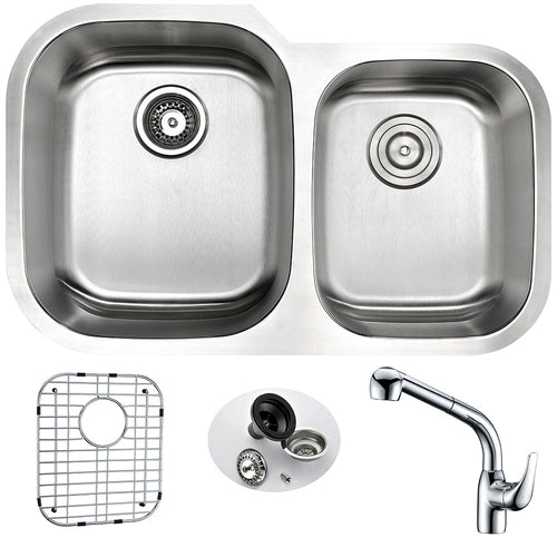 MOORE Undermount 32 in. Double Bowl Kitchen Sink with Harbour Faucet in Polished Chrome- Anzzi