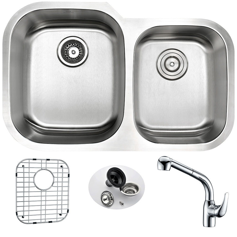 MOORE Undermount 32 in. Double Bowl Kitchen Sink with Harbour Faucet in Polished Chrome- Anzzi