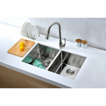 Load image into Gallery viewer, Vanguard Undermount Stainless Steel 32 in. 0-Hole 50/50 Double Bowl Kitchen Sink in Brushed Satin- Anzzi