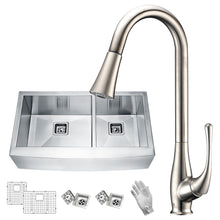 Load image into Gallery viewer, Elysian Farmhouse 36 in. 60/40 Double Bowl Kitchen Sink with Faucet in Brushed Nickel- Anzzi