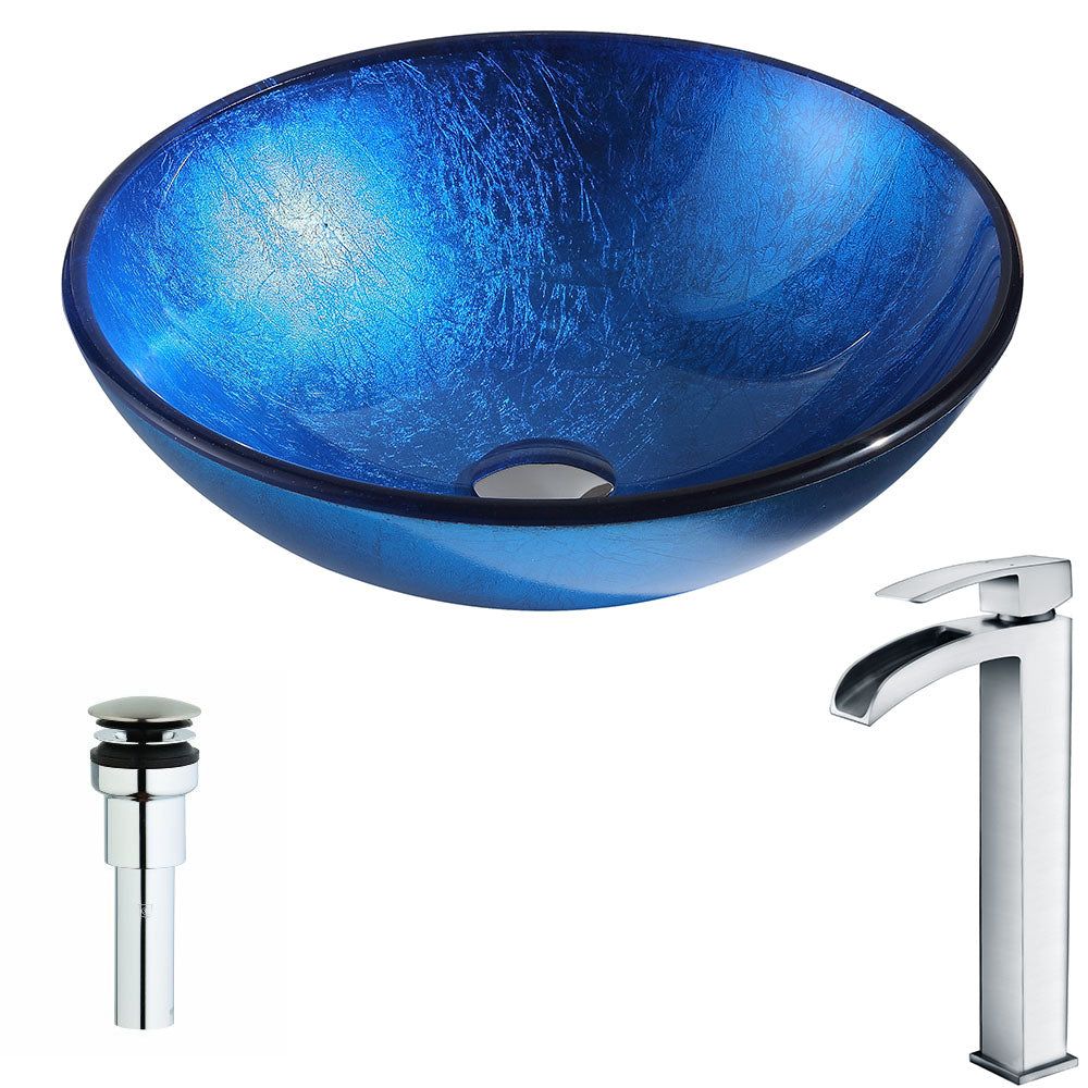 Clavier Series Deco-Glass Vessel Sink in Lustrous Blue with Key Faucet in Polished Chrome- Anzzi