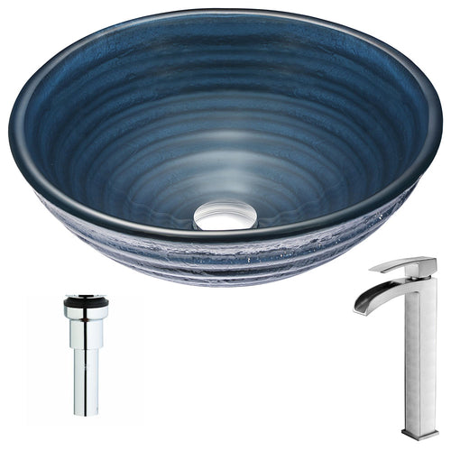 Tempo Series Deco-Glass Vessel Sink in Coiled Blue with Key Faucet in Polished Chrome- Anzzi