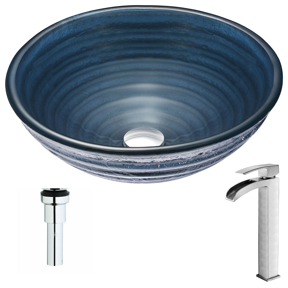 Tempo Series Deco-Glass Vessel Sink in Coiled Blue with Key Faucet in Polished Chrome- Anzzi