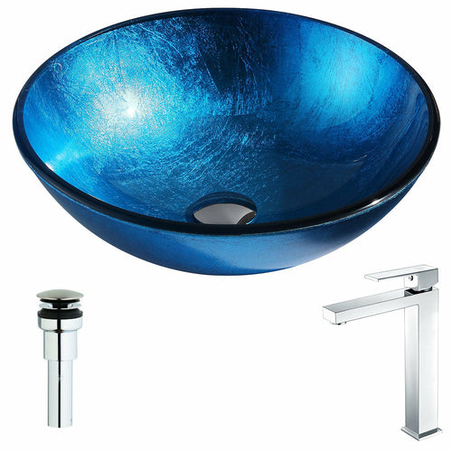 Arc Series Deco-Glass Vessel Sink in Lustrous Light Blue with Enti Faucet in Polished Chrome- Anzzi