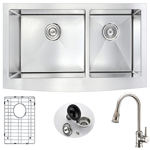 Elysian Farmhouse 36 in. Double Bowl Kitchen Sink with Sails Faucet in Brushed Nickel- Anzzi