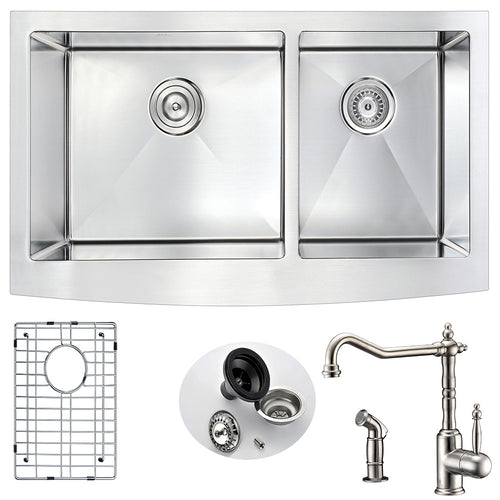 Elysian Farmhouse 36 in. Double Bowl Kitchen Sink with Locke Faucet in Brushed Nickel- Anzzi