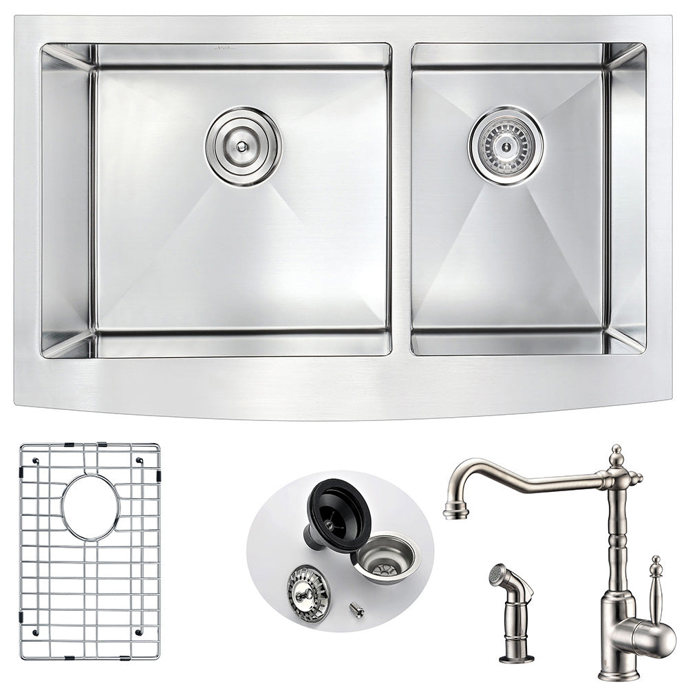 Elysian Farmhouse 36 in. Double Bowl Kitchen Sink with Locke Faucet in Brushed Nickel- Anzzi