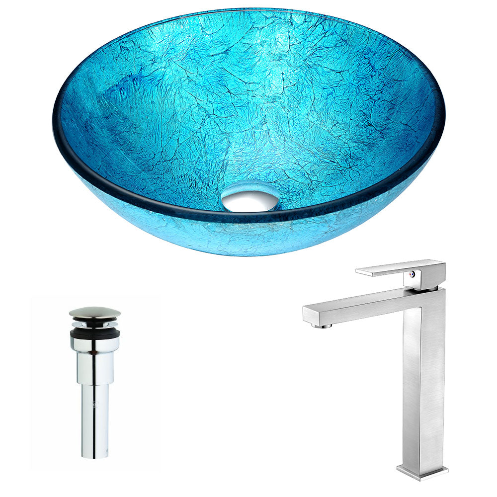 Accent Series Deco-Glass Vessel Sink in Blue Ice with Enti Faucet in Brushed Nickel- Anzzi