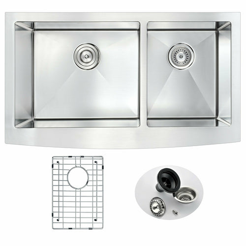 Elysian Farmhouse Stainless Steel 36 in. 0-Hole 60/40 Double Bowl Kitchen Sink in Brushed Satin- Anzzi