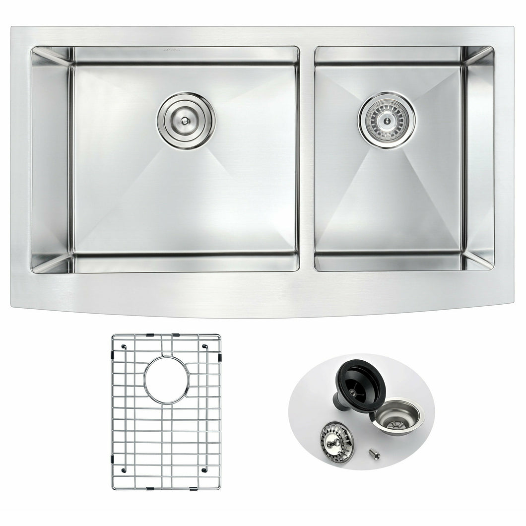 Elysian Farmhouse Stainless Steel 36 in. 0-Hole 60/40 Double Bowl Kitchen Sink in Brushed Satin- Anzzi