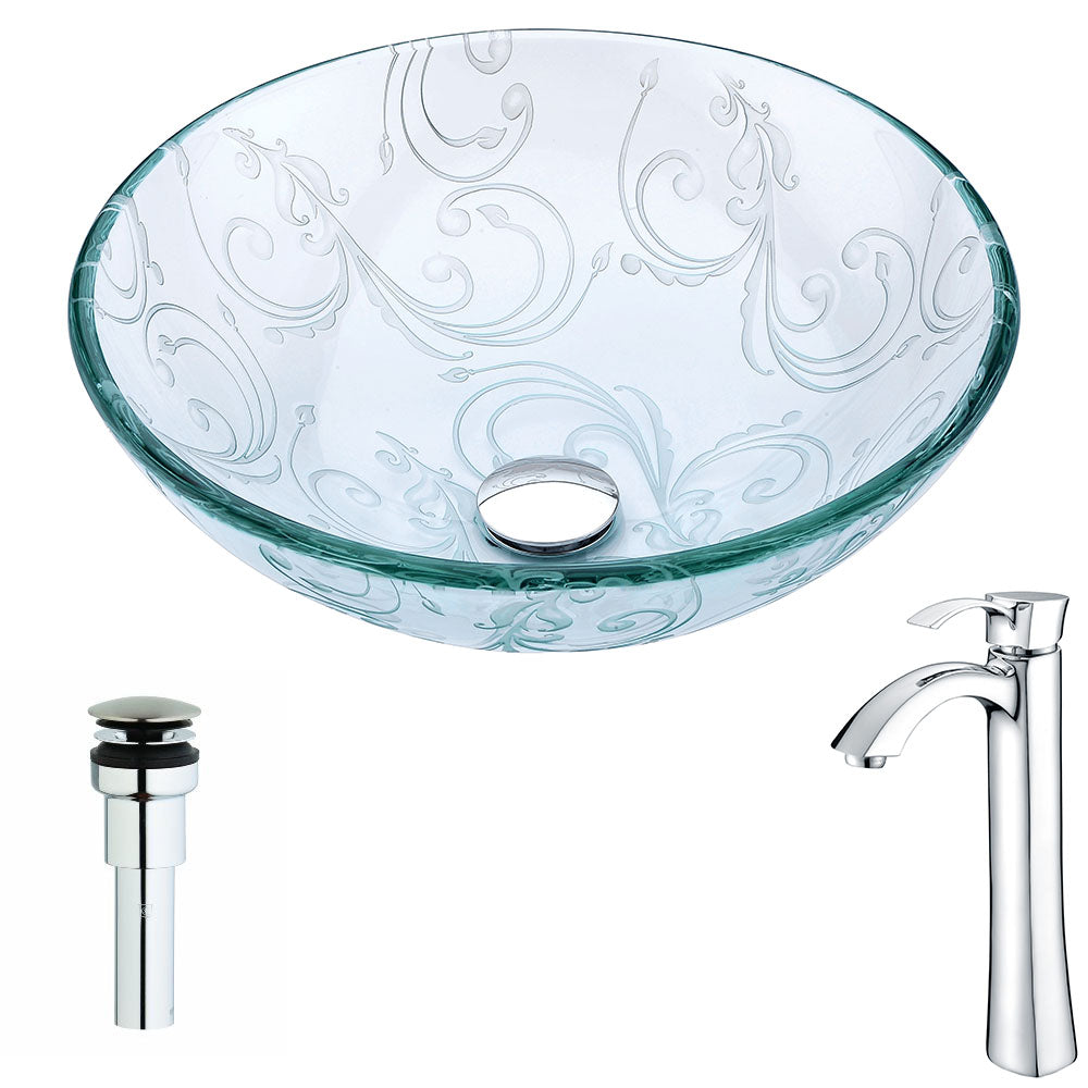 Vieno Series Deco-Glass Vessel Sink in Crystal Clear Floral with Harmony Faucet in Chrome- Anzzi