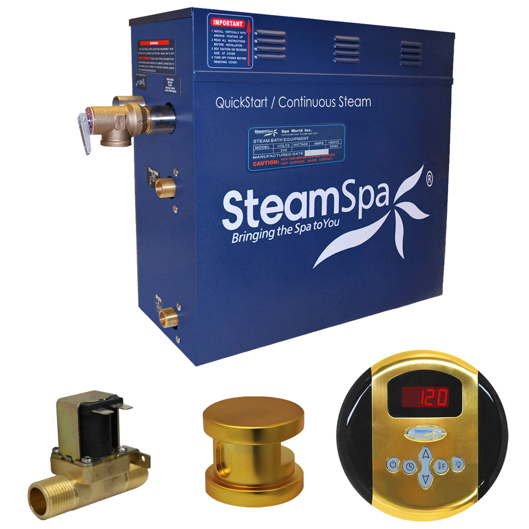 SteamSpa Oasis 9 KW QuickStart Acu-Steam Bath Generator Package with Built-in Auto Drain in Polished Gold- SteamSpa