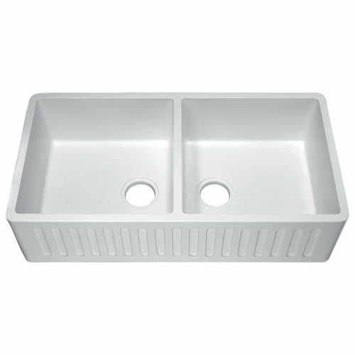 Roine Farmhouse Reversible Glossy Solid Surface 35 in. Double Basin Kitchen Sink in White- Anzzi