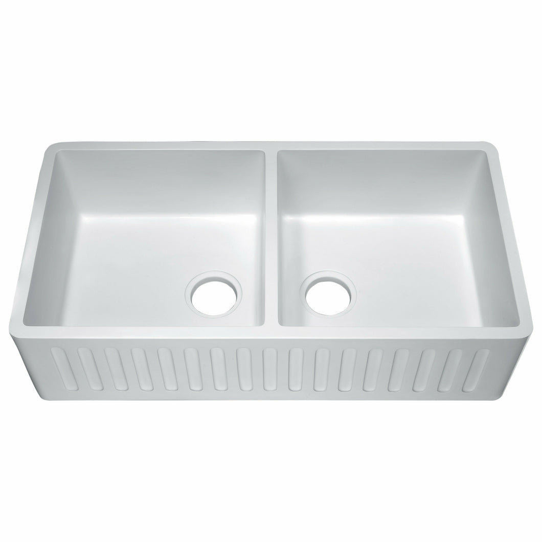 Roine Farmhouse Reversible Glossy Solid Surface 35 in. Double Basin Kitchen Sink in White- Anzzi