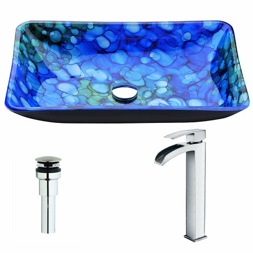 Voce Series Deco-Glass Vessel Sink in Lustrous Blue with Key Faucet in Polished Chrome- Anzzi