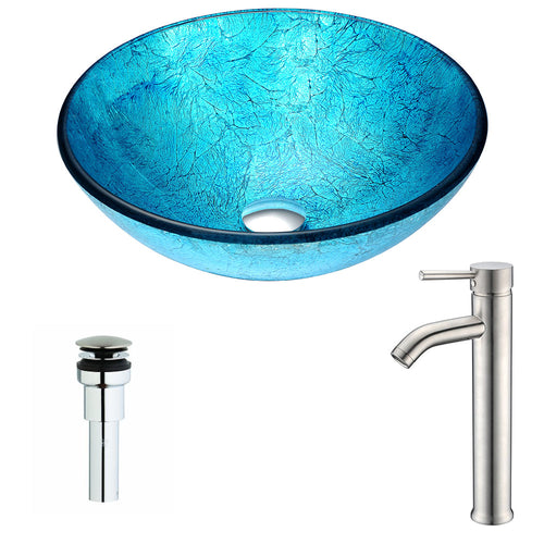 Accent Series Deco-Glass Vessel Sink in Blue Ice with Fann Faucet in Brushed Nickel- Anzzi