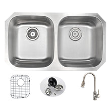 Load image into Gallery viewer, MOORE Undermount 32 in. Double Bowl Kitchen Sink with Sails Faucet in Brushed Nickel- Anzzi