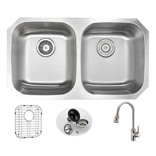 MOORE Undermount 32 in. Double Bowl Kitchen Sink with Sails Faucet in Brushed Nickel- Anzzi