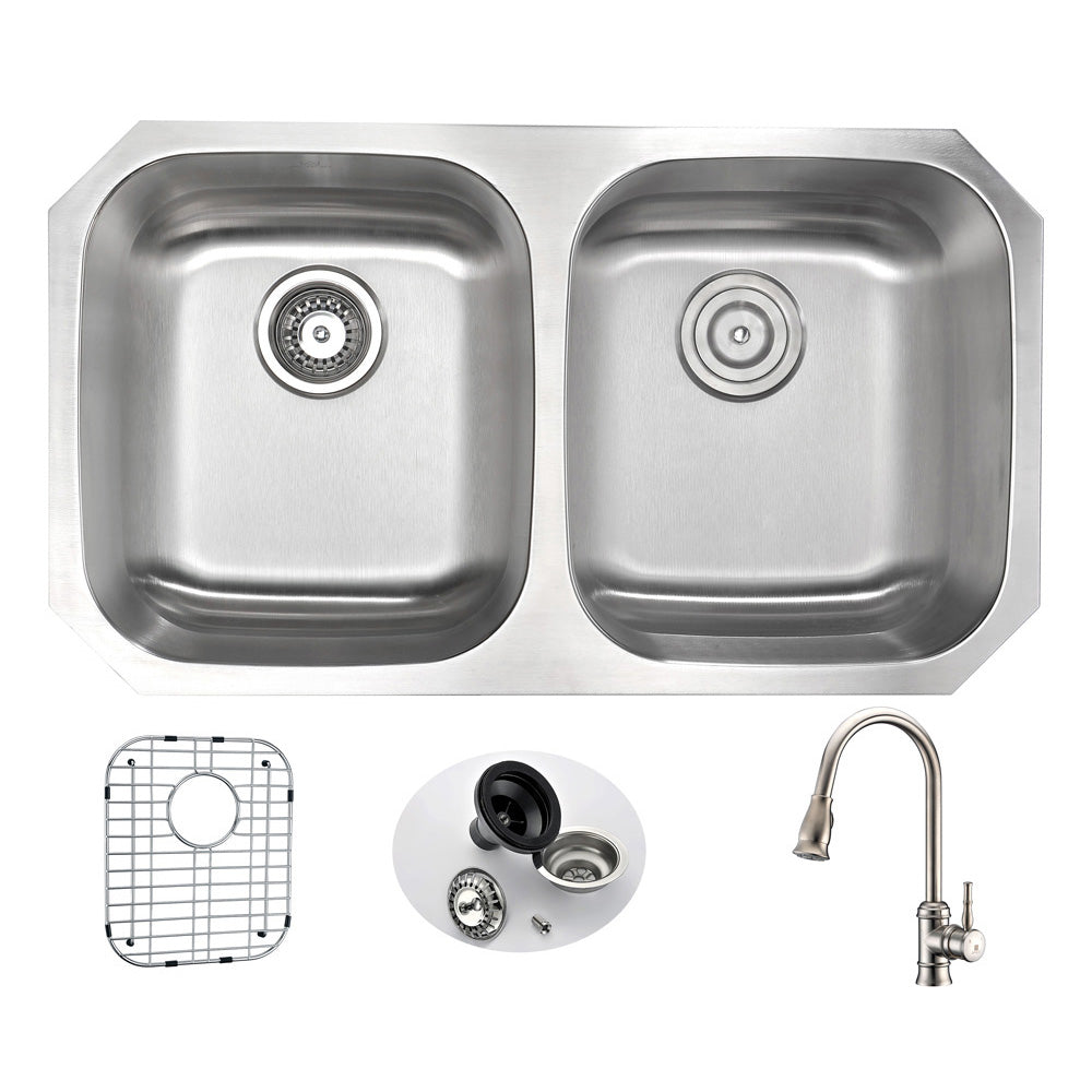 MOORE Undermount 32 in. Double Bowl Kitchen Sink with Sails Faucet in Brushed Nickel- Anzzi