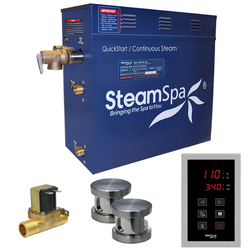 SteamSpa Oasis 12 KW QuickStart Acu-Steam Bath Generator Package with Built-in Auto Drain in Brushed Nickel- SteamSpa