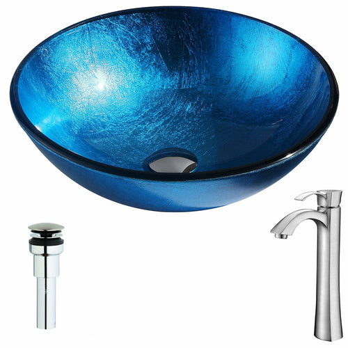 Arc Series Deco-Glass Vessel Sink in Lustrous Light Blue with Harmony Faucet in Brushed Nickel- Anzzi