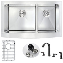 Load image into Gallery viewer, Elysian Farmhouse 36 in. Double Bowl Kitchen Sink with Soave Faucet in Oil Rubbed Bronze- Anzzi